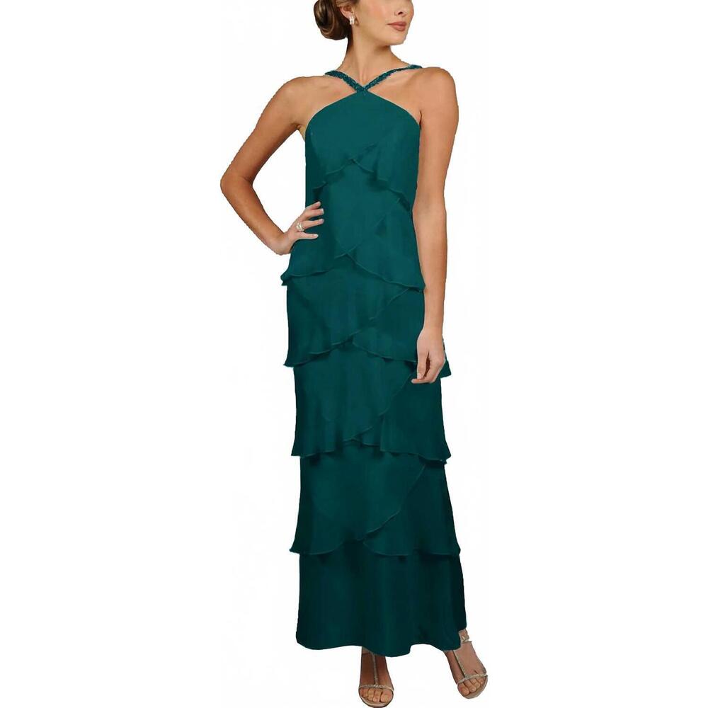 NEW ALEXANDER BY DAYMOR tiered chiffon beaded halter neck gown in forest